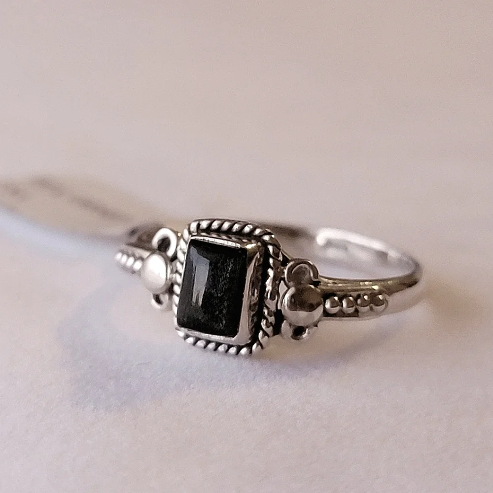 Black Obsidian Sterling Silver Orion Ring Filigree Sheen Cabochon